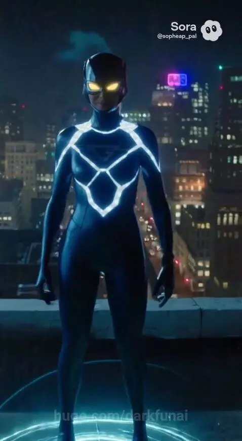 Singer with red hair performing energetically next to a superhero with glowing blue and yellow suit.