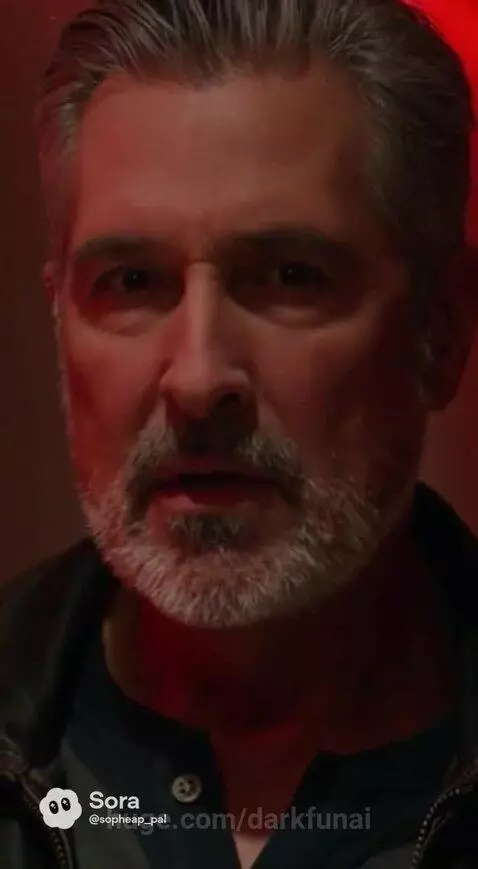 Two men in a dimly lit hallway with red ambient lighting having a serious conversation about a woman named Arya.