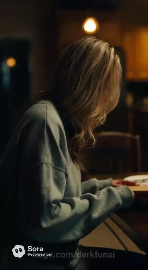 Woman in a dimly lit room, looking somber as she opens a folder labeled 'IN THE EVENT OF' containing legal documents.