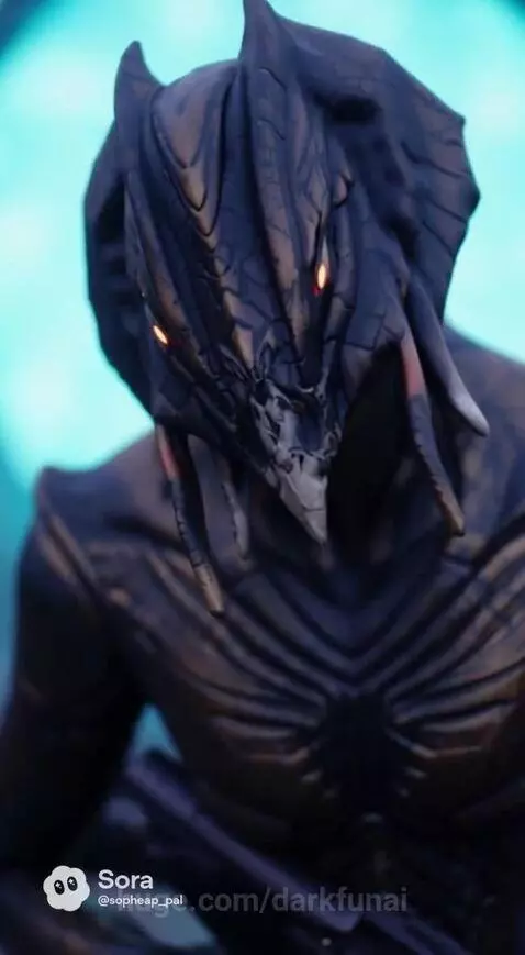 White-bearded Navy veteran kneels on ruined street, defiantly facing an armored alien with glowing eyes.