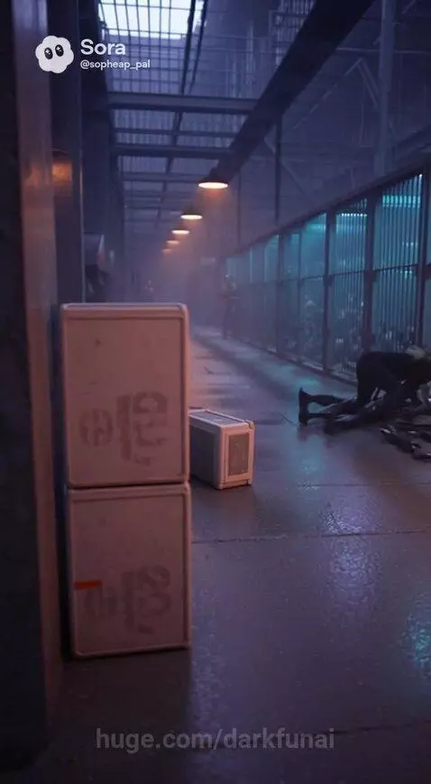 Woman in futuristic armor fighting alien guards with a sword in a dark prison facility.