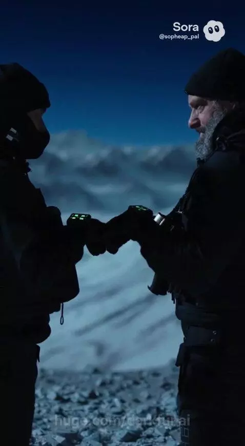 Two operatives in tactical gear compare glowing watches near a dark cylinder on a snowy mountain, facing a glowing purple cave.
