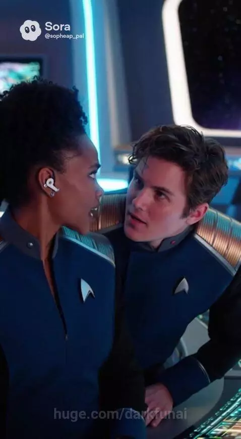 Sci-fi captain in uniform orders a space battle, followed by a marriage proposal to a crewmate.