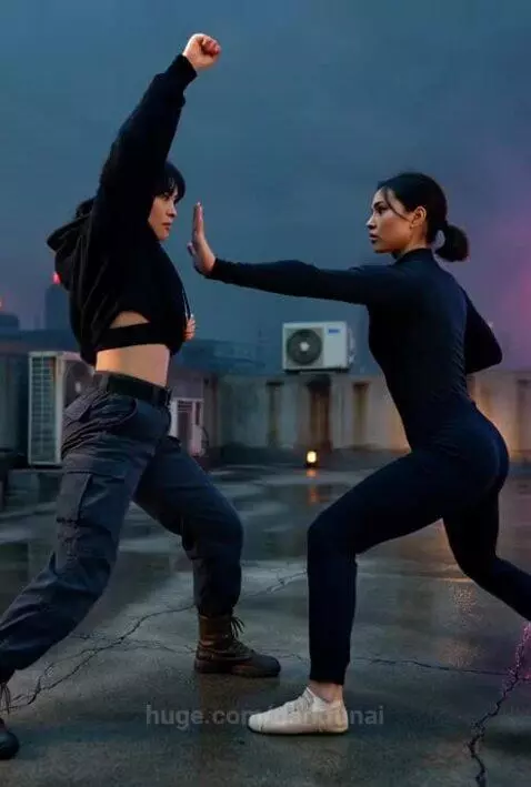 Two women in athletic wear engaged in a dynamic martial arts fight on a wet rooftop at night, with city lights in the background.