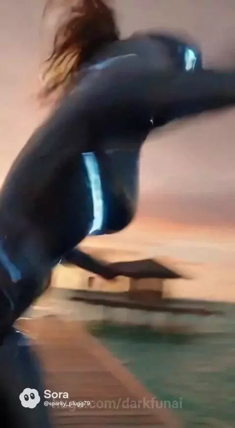 Woman in a futuristic glowing blue and black suit with energy blades fighting a man on a wooden pier at sunset.