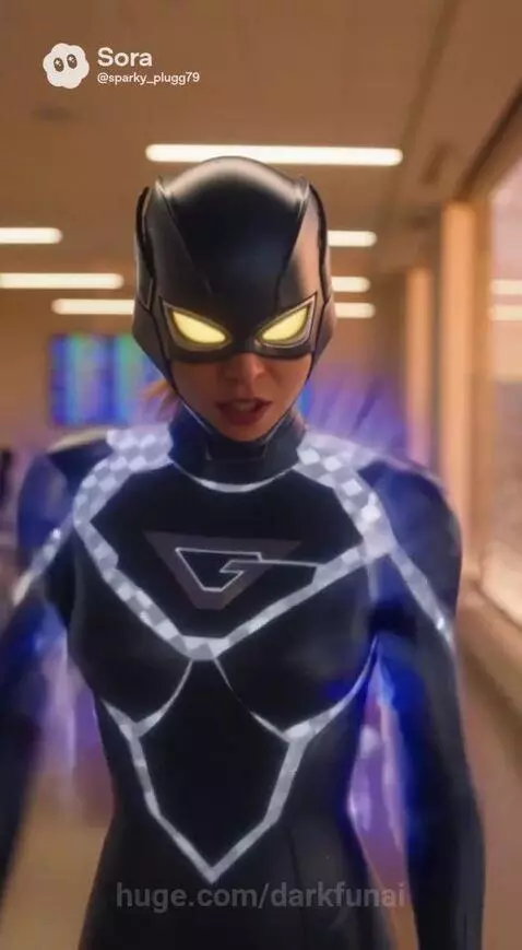 Superhero with glowing eyes and 'G' logo on chest stands amidst destruction at sunset.