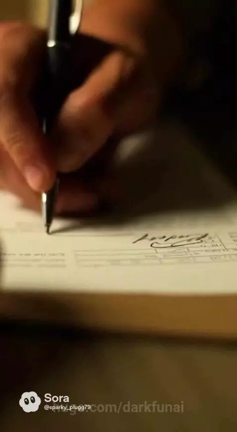 Soldier in uniform signing document while holding a baby in a camouflage carrier.