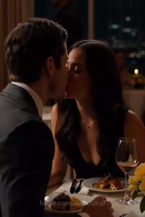 Couple kissing during a romantic dinner, then running out of a restaurant at night to catch a taxi.