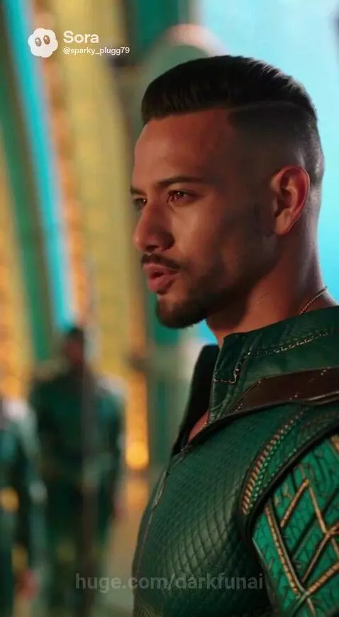 Man in green armor offers a glowing green crystal throne to a woman in a green dress in a majestic underwater hall.