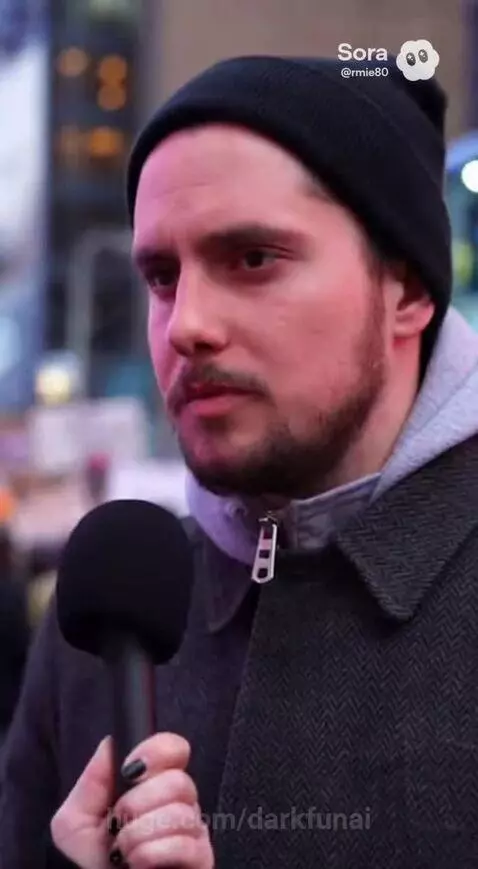 Woman with colorful hair interviews man about abolishing ICE and DHS in a city square.