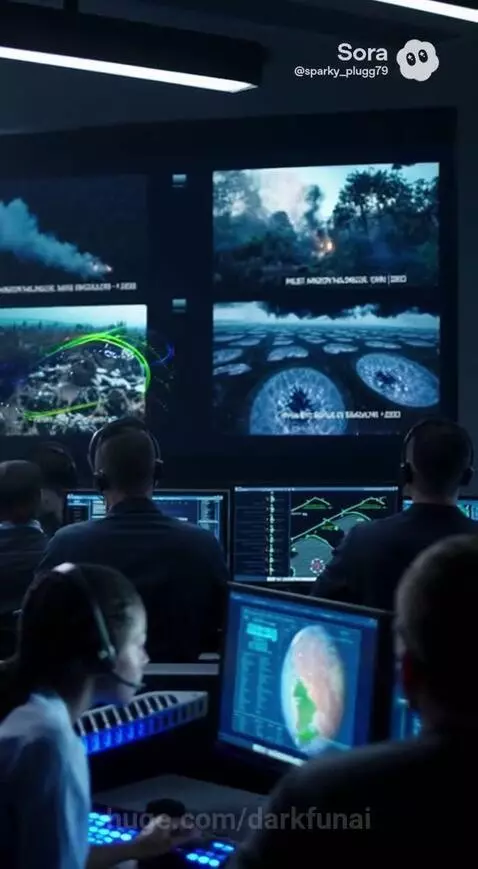 Director speaking at podium with American flag and globe logo flag, discussing extraterrestrial threats.