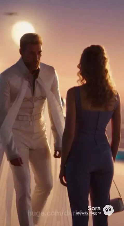 Woman in purple jumpsuit on futuristic rooftop, man proposes with two moons in the sky.