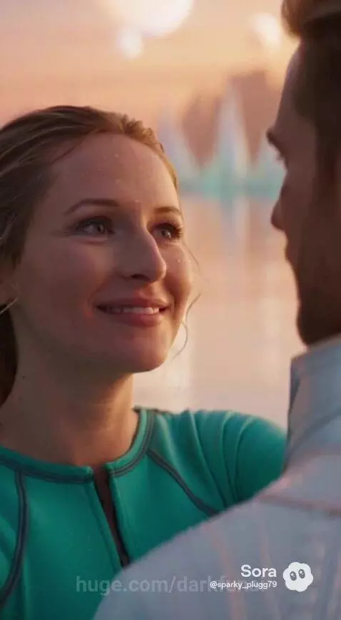 Couple embracing in a clear alien sea with multiple moons and crystal structures in the background.