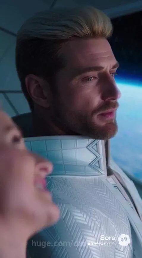 Couple holding hands inside a futuristic spacecraft, looking out at Earth from orbit.