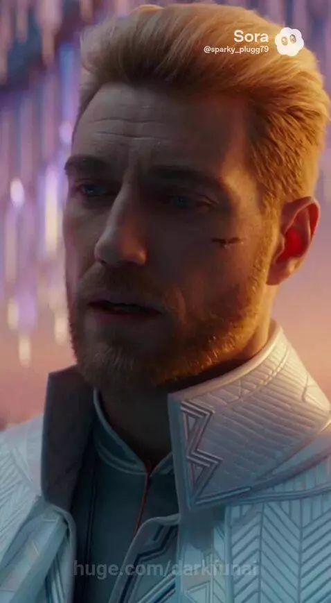 A woman in a dark cloak confronts a man in a uniform beside a holographic woman in a futuristic city.