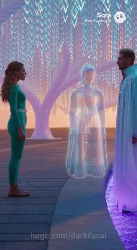 Man in white robe and woman in green outfit in futuristic setting with holographic woman, discussing son sent to Earth.