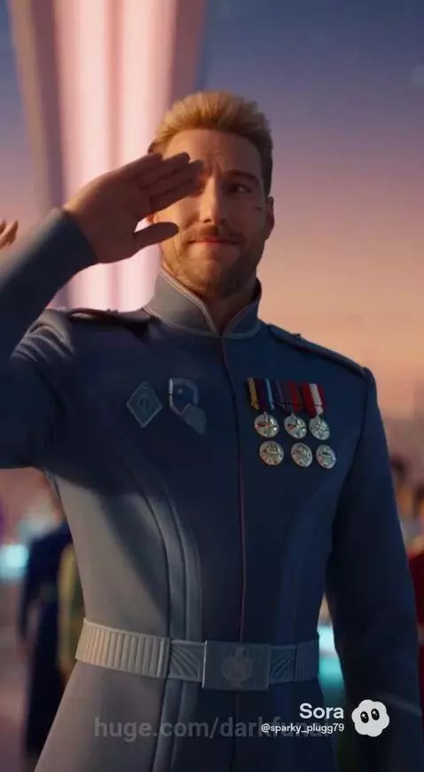 Futuristic ceremony with a woman in a glowing white dress and a man in military uniform on an elevated platform at sunset over a cityscape.