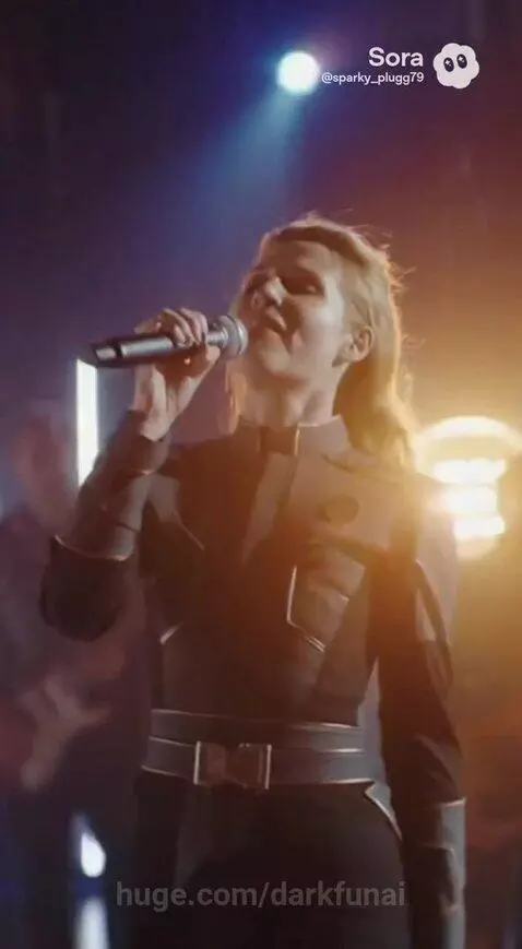 Couple in white overlooking a futuristic city with two suns at sunset, woman singing on stage.