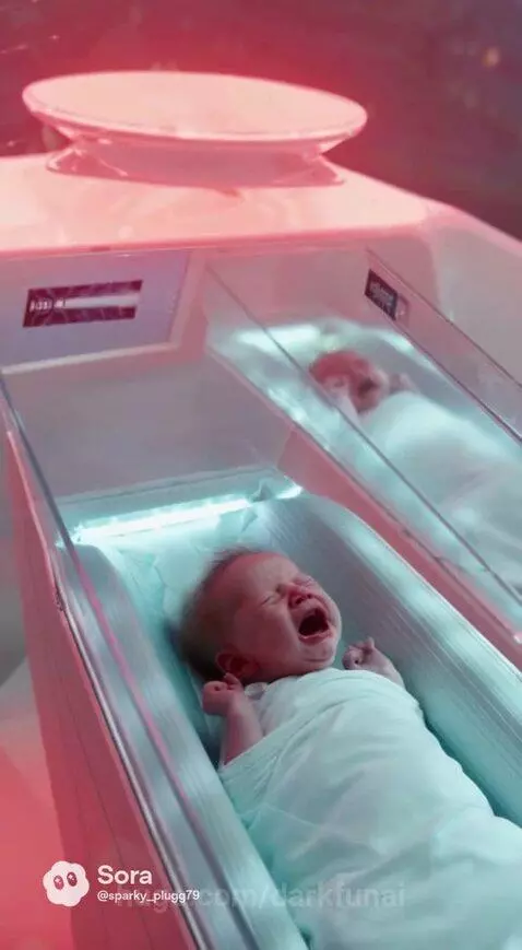 Man mourning over a glowing cradle in a futuristic city at sunset, after a medical emergency.