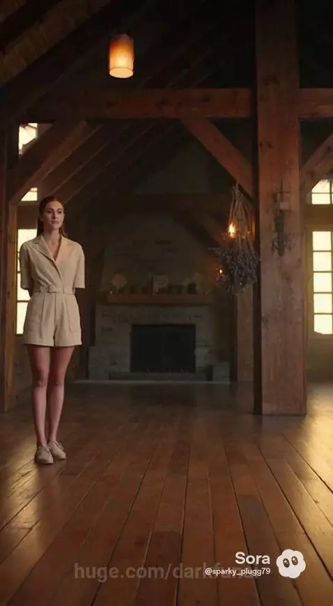 Woman in green dress and child bathed in golden light, with soldiers and futuristic city in background.