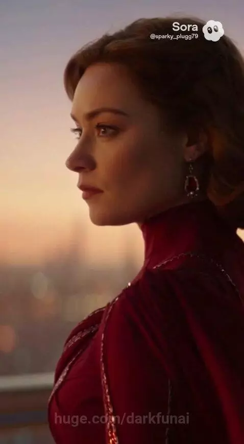 A man in a dark futuristic uniform, escorted by guards with glowing blue energy lances, stands on a platform overlooking a futuristic city at sunset.