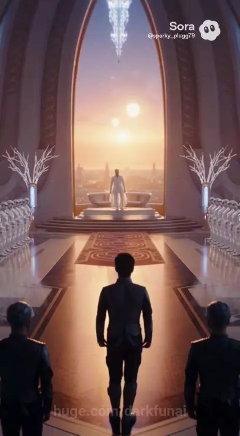 Man in white robe on raised platform overlooking futuristic city at sunset, facing another man.