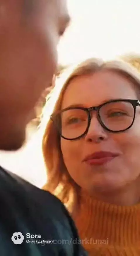Couple walking arm-in-arm and kissing outdoors with autumn foliage in the background.