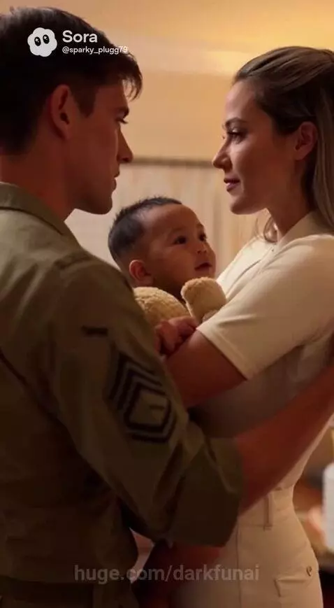 Man in uniform reunites with woman holding a baby, surrounded by golden sparkles.