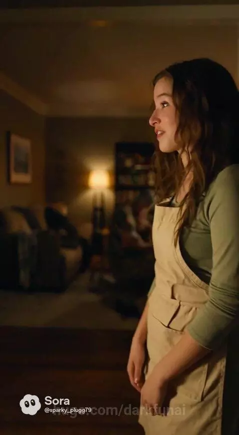 A couple and a baby stand on a skyscraper overlooking a neon-lit futuristic city with flying cars.