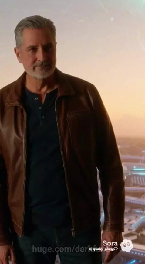 Panoramic view of a futuristic city with tall buildings and flying cars under an orange sky.