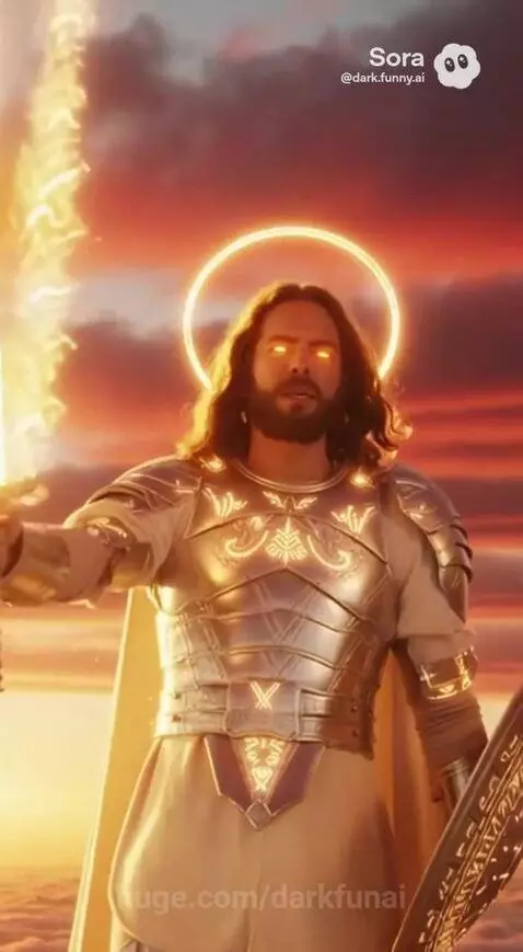 Divine warrior with glowing orange eyes, halo, and golden armor holding a flaming sword against a sunset sky.