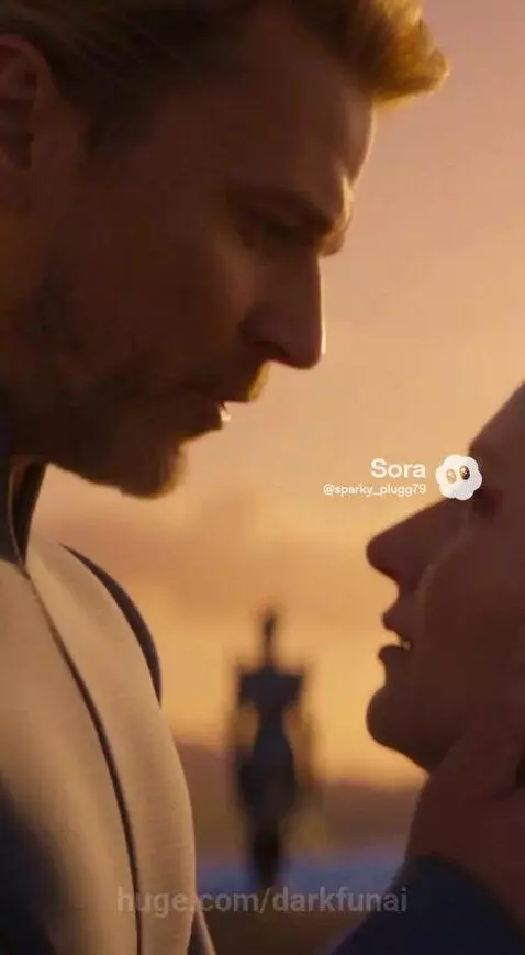 Woman in green dress reunites with man by a purple shore at sunset, with a statue in the distance.