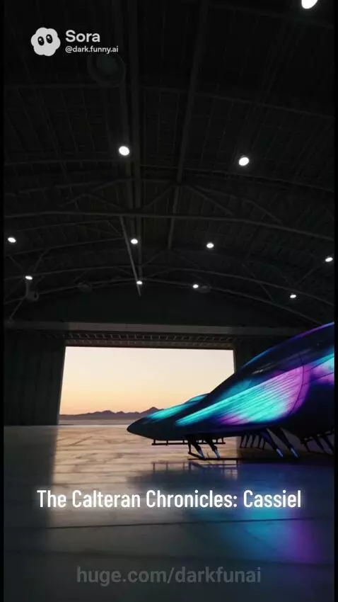 Futuristic mother in a grey jumpsuit serves strawberry pancakes to a baby in a glowing transparent high chair.