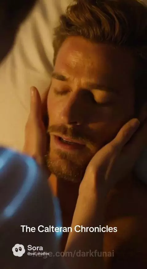 Couple embracing passionately in a futuristic setting with two suns visible outside.