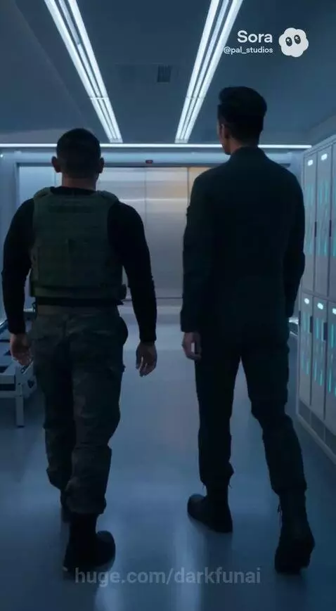Two men in a futuristic facility with blue lighting, one in a tactical vest, discussing secrets.