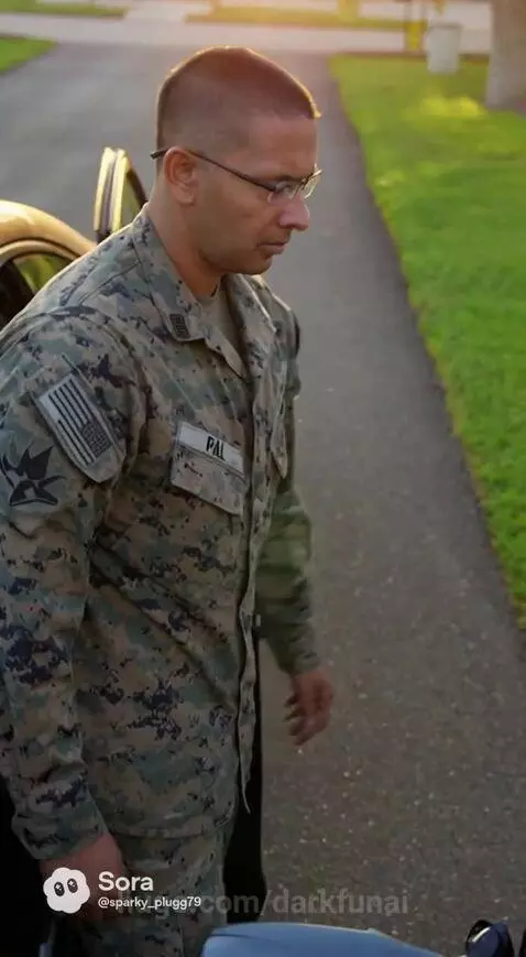 Woman looking distressed as a man in a military uniform exits a car, sunset lighting.