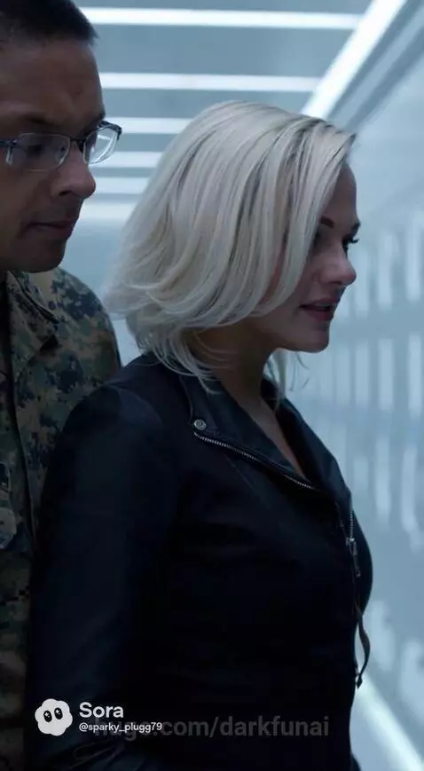 Man and woman in military uniform and leather jacket observe a winged reptilian creature in a futuristic containment unit.