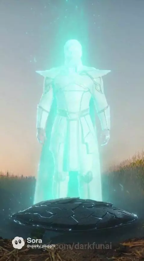 A couple in a cornfield looks at a smoking alien pod with a baby inside, as the sun sets.