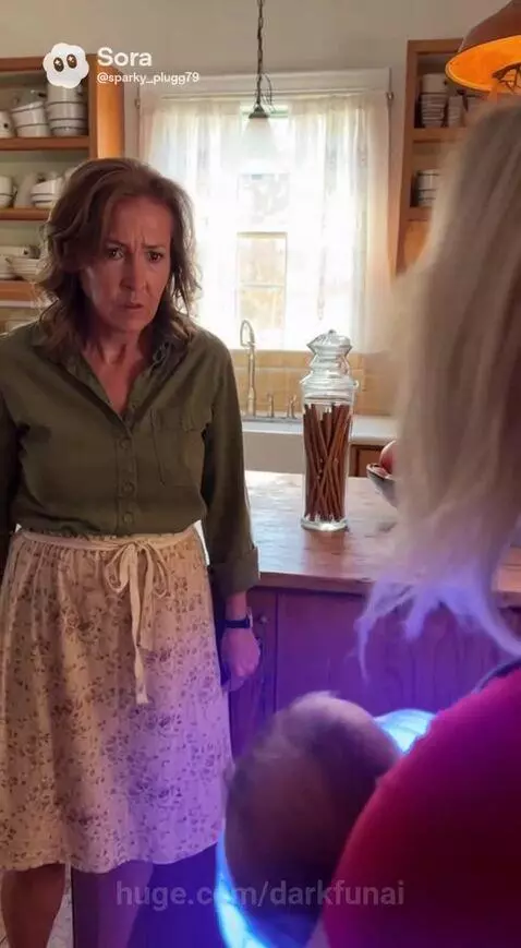 Baby with glowing eyes wrapped in a blue iridescent blanket, held by a woman.