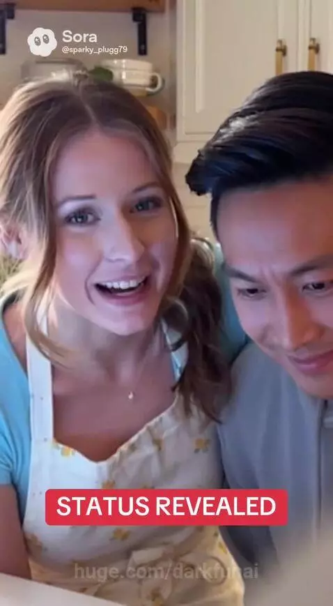 Woman and man smiling in a kitchen, with cooking ingredients on a cutting board.