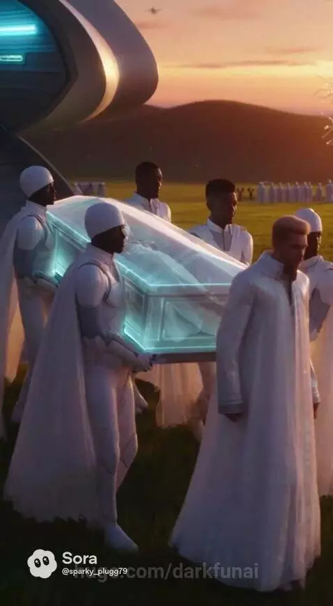 Futuristic memorial service in a meadow with a glowing tree, two moons, and a spaceship, featuring a blue coffin.