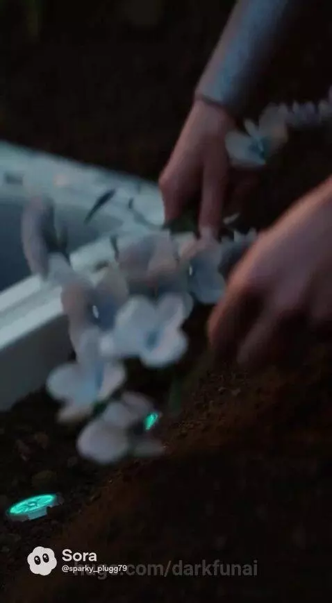 Futuristic funeral scene at dusk with a woman in a coffin near a glowing tree and futuristic vehicles.