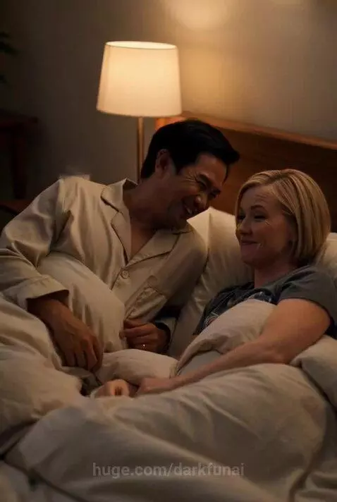 Couple lying in bed, man telling a joke, woman listening with a smile, bedside lamp on.