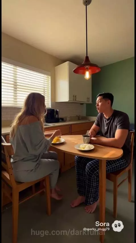 A couple, a blonde woman and an Asian man, in various daily life scenarios, including cooking and in a car.
