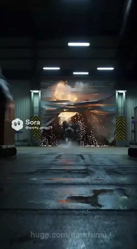 Two large, dark robotic bear creatures with glowing blue eyes and deployed wings flying over a city at night.