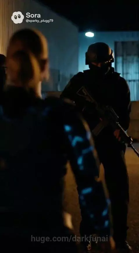 Two figures in black tactical suits with glowing blue accents prepare for combat during a sci-fi ambush.