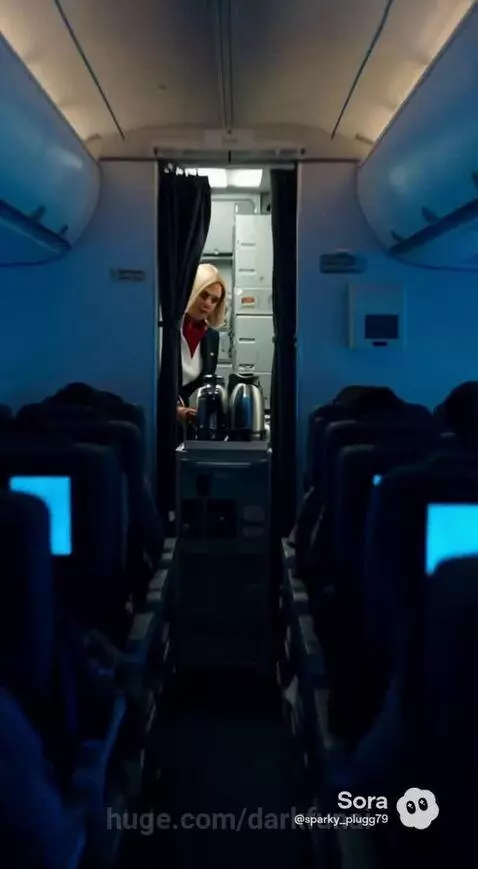 Flight attendant in uniform serving drinks on an airplane with palm trees visible outside the window.