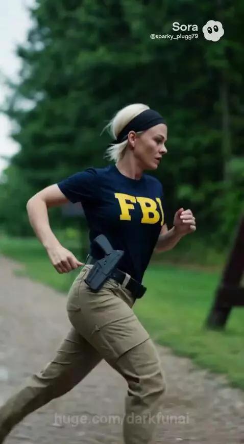Woman in FBI t-shirt at shooting range, transitioning from airline pilot to FBI agent.