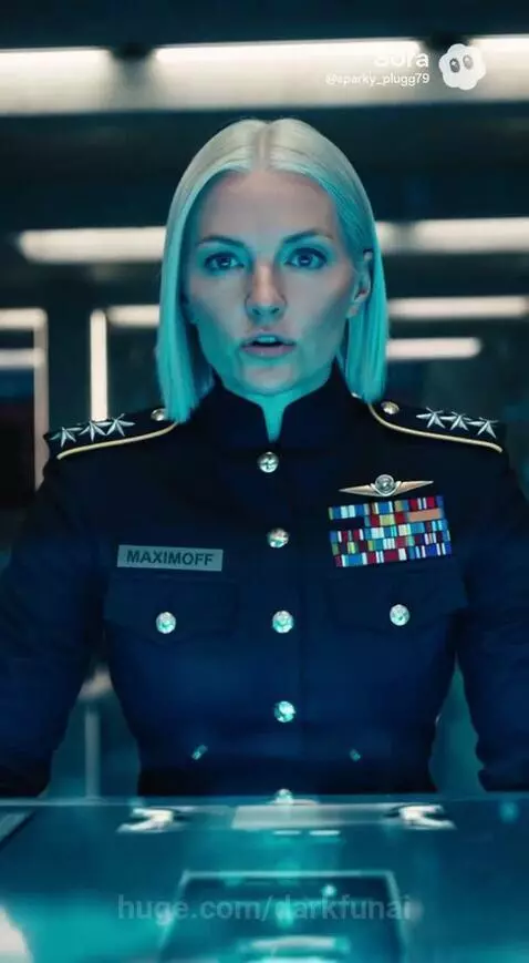 Woman in military uniform at futuristic command center, addressing Colonel Bradshaw on a screen.