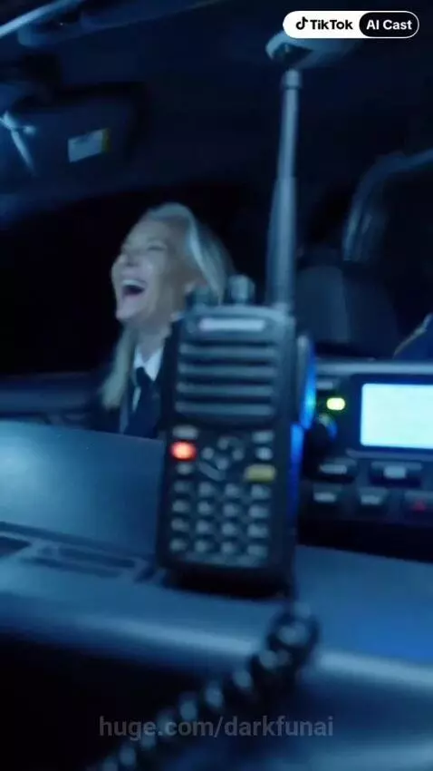 Two police officers in a patrol car laughing at a dispatch call about a dog in a tree.